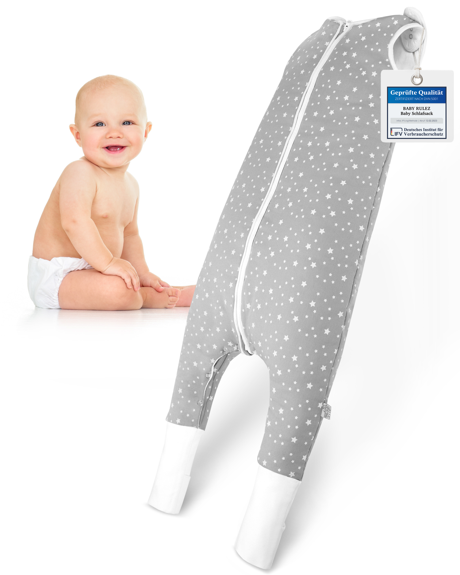 Baby neben dem BABYRULEZ PRIMO Babyschlafsack mit Füßen