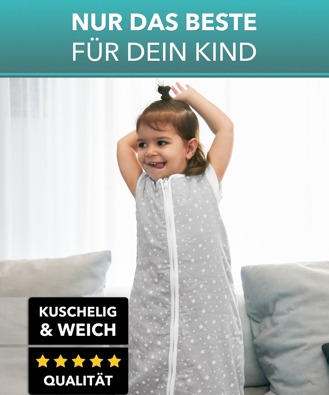 Kind im BABYRULEZ PRIMO Babyschlafsack mit Füßen